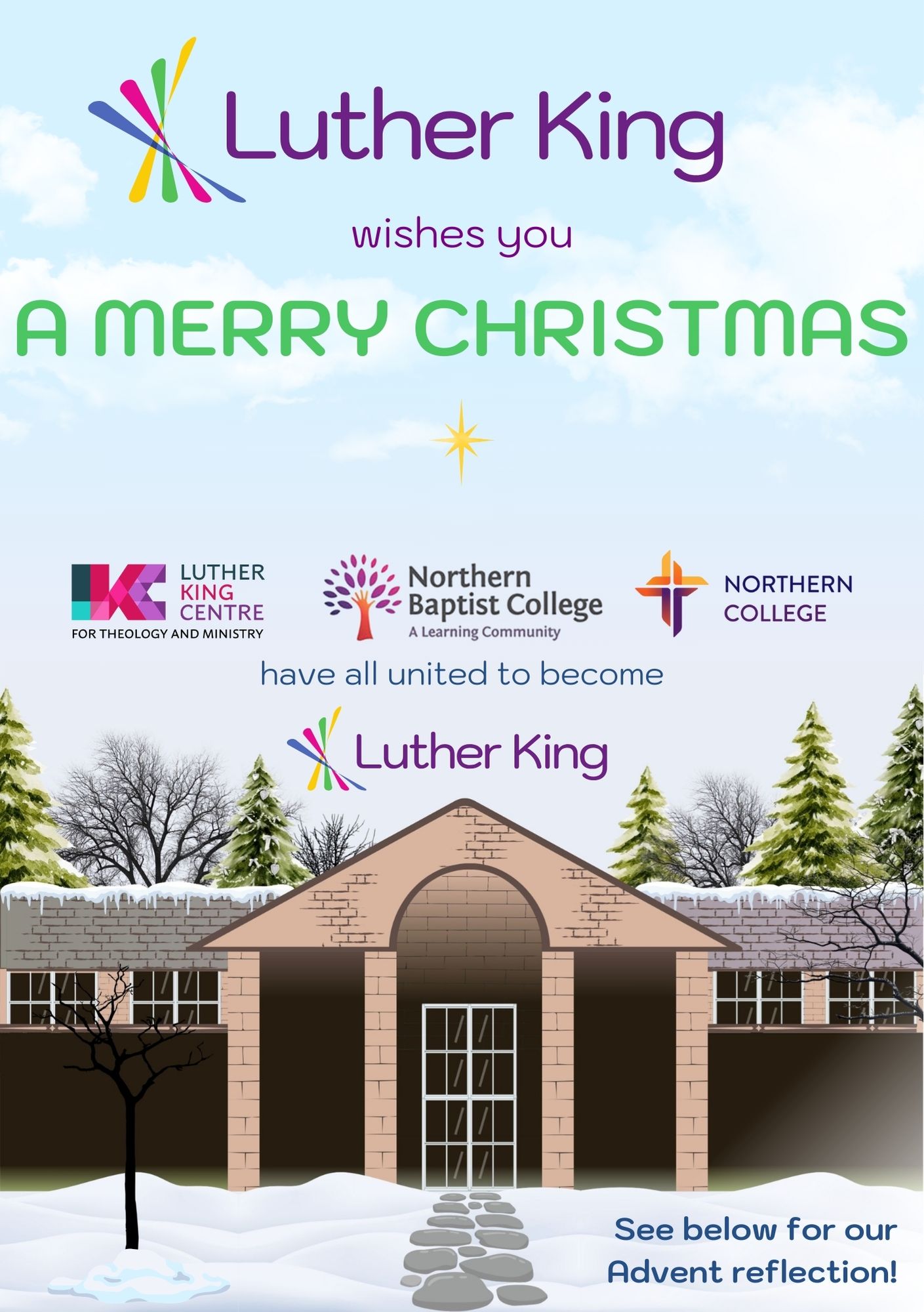 A Christmas card with the text: "Luther King wishes you a merry Christmas" and a picture of the Luther Ling library at winter